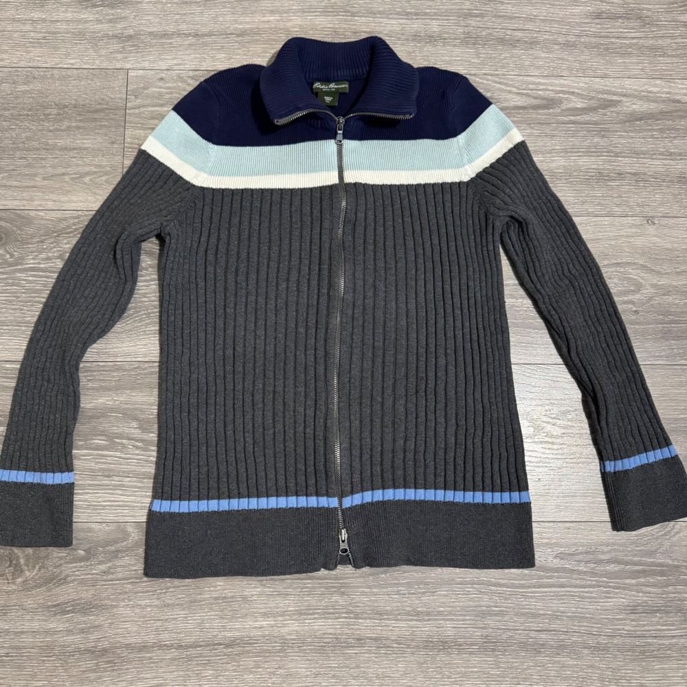Eddie Bauer Ribbed Zip Up‎ Sweater Jacket Navy Blue White Light Blue Stripe XL